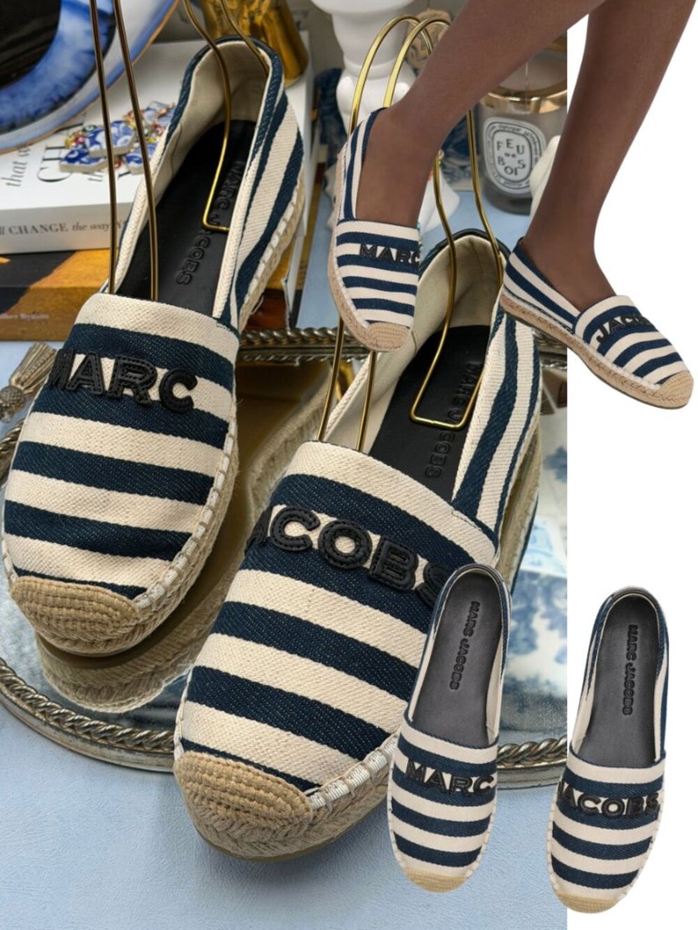 🆕 MARC JACOBS 🧿 NWOB Stripe Canvas Logo Espadrilles, Blue & Ivory - Sz 38 US 8